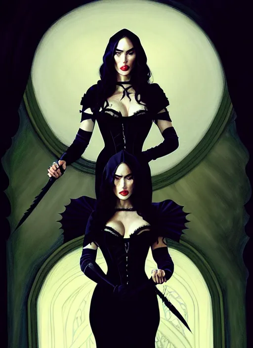 Image similar to megan fox witch queen, black eyes, blood, full body, intricate victorian dress, middle shot, cinematic lighting, studio quality, symmetrical eyes, caravaggio, artgerm, joshua middleton, rafael albuquerque, moody lighting, candles, art style by klimt and krenz cushart