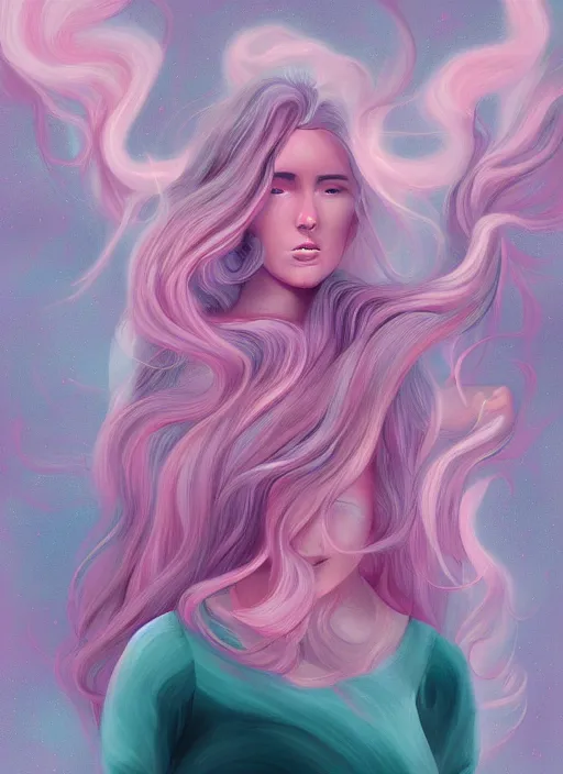 Image similar to digital painting, half body portrait, glowing woman, pink and grey clouds, flowing hair, by lois van baarle, by loish, trending on artstatio