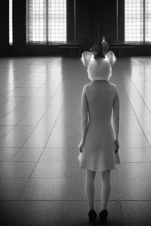 Prompt: lonely catgirl in style of diane arbus, dressed, symmetry, cinematic, elegant, luxury, perfect light, perfect composition, dlsr photography, sharp focus, 4 k, ultra hd, sense of awe