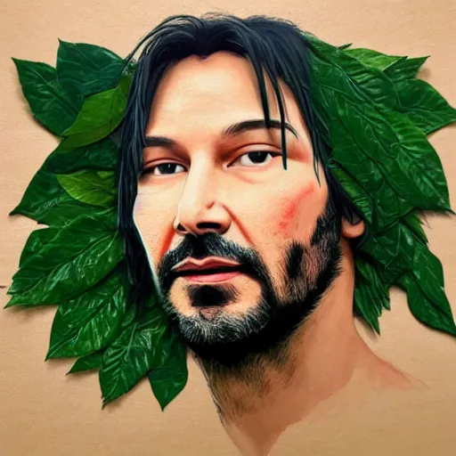 Prompt: portrait of keanu reaves made of green leaves