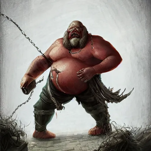 Image similar to a fat fleshy abomination butcher holding a cleaver and a hook hand, multiple arms, chained hook, cleaver knife, meats on the ground, in the style of greg rutkowski, fantasy rpg, league of legends