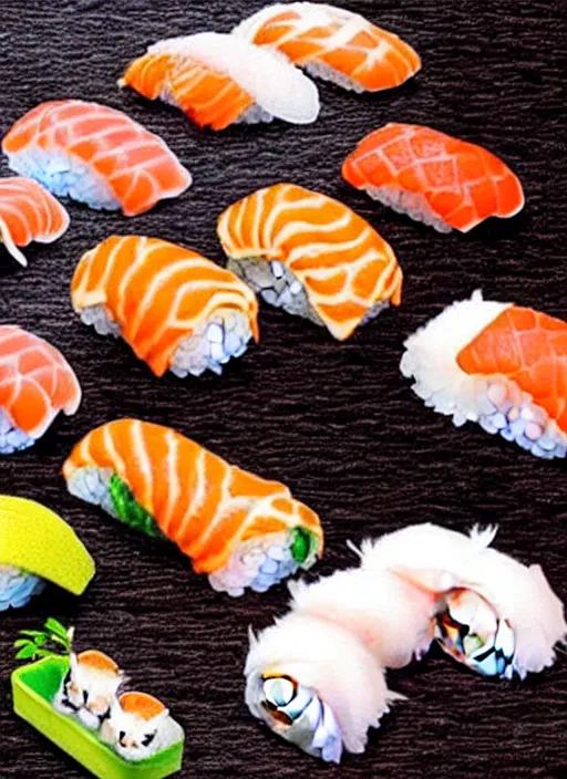 Image similar to clear photorealistic picture of adorable cats made out of sushi