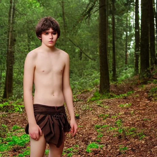 Image similar to a teenage boy, around 1 9 yo. looking sad. natural brown hair. loincloth, pale skin. detailed face. ominous and eerie looking forest i'm background. natural colors.