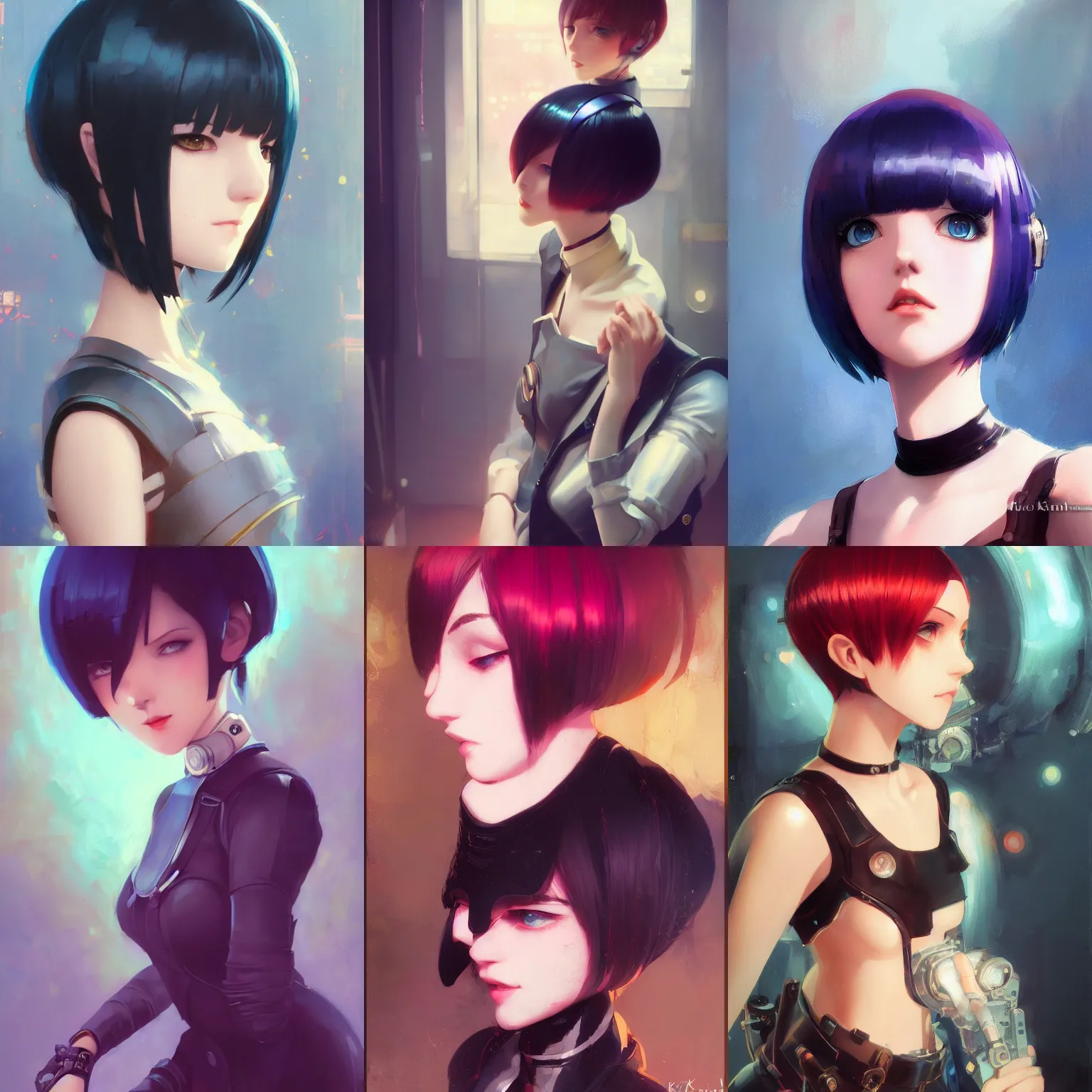 Prompt: a portrait of a cute young Mechanical woman with black bob cut hair, steampunk setting, vivid colors, soft lighting, atmospheric, cinematic, moody, in the style of Ilya Kuvshinov and Range Murata, Krenz Cushart, oil on canvas, 8k