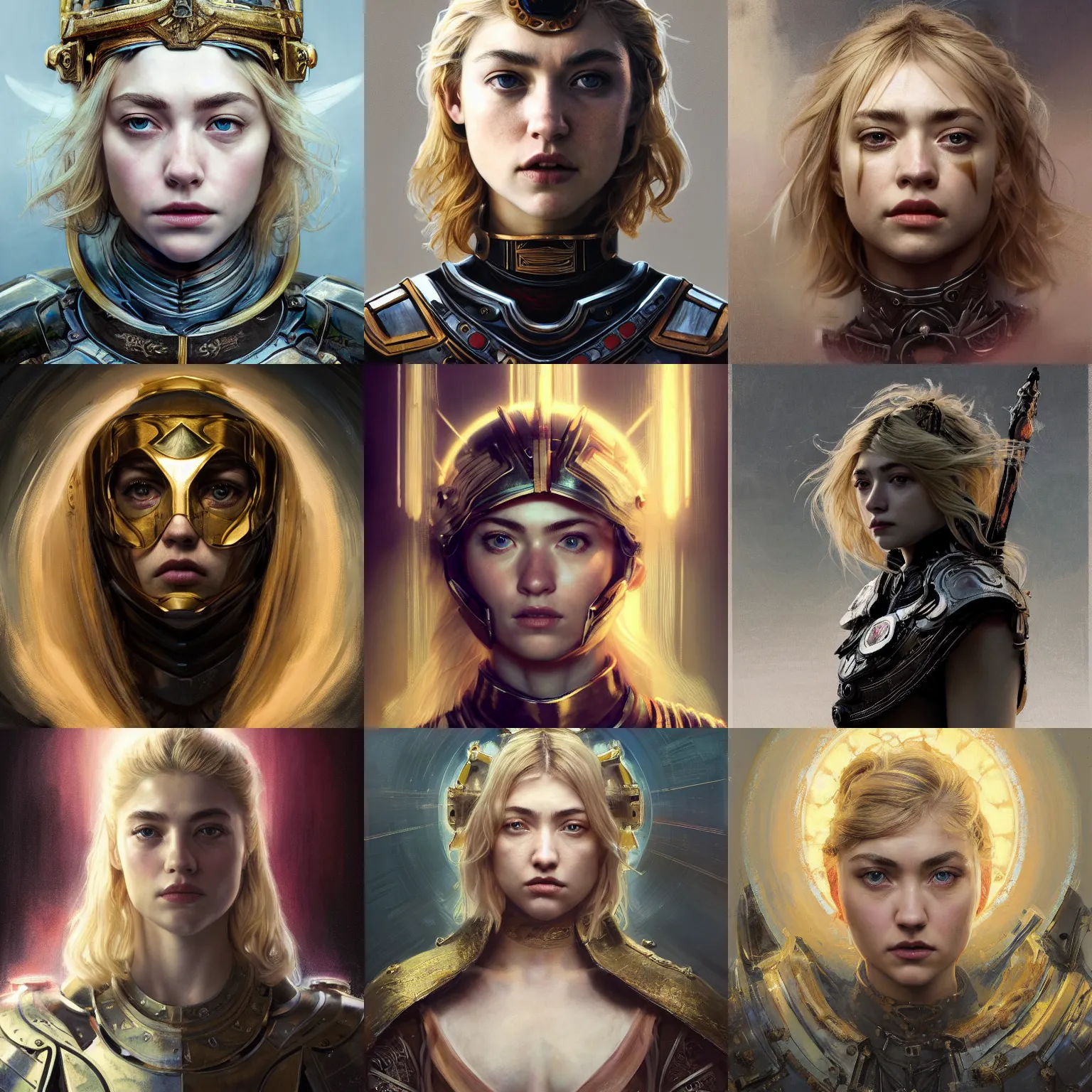 Prompt: masterpiece head-on symmetrical centered painted portrait, Imogen Poots as a holy warrior, blonde hair, holy light halo, glorious, wearing full metal armour, elegant, distant, in the style of Guy Denning and Jeremy Mann and Ruan Jia and Artgerm and Edgar Maxence and Ross Tran and Michael Whelan and Mucha, 8k, octane render