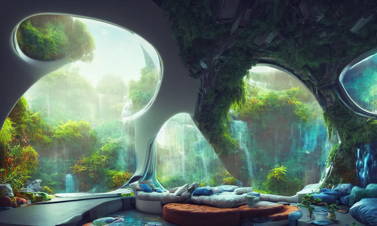 Prompt: cozy space inside of a spaceship for humans, massive windows to space, colorful detail on the walls, natural, plants, water features, waterfalls, 4 k, transcendent, trending on artstation, photorealistic, award winning, hyper detailed, rule of thirds, dramatic, volumetric lighting, octane render