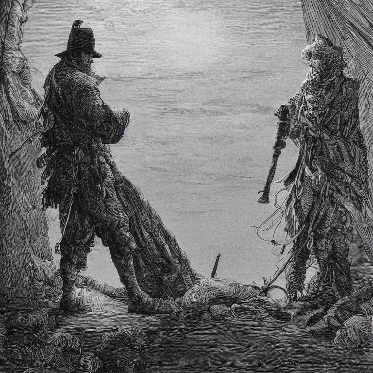 Prompt: an engraving of long john silver on the deck of a ship, looking through a telescope by gustave dore, ian miller, highly detailed, strong shadows, depth, illuminated focal point, lithograph engraving