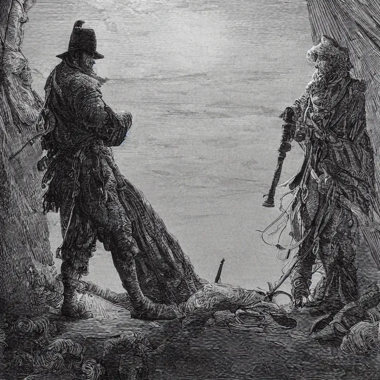 Image similar to an engraving of long john silver on the deck of a ship, looking through a telescope by gustave dore, ian miller, highly detailed, strong shadows, depth, illuminated focal point, lithograph engraving