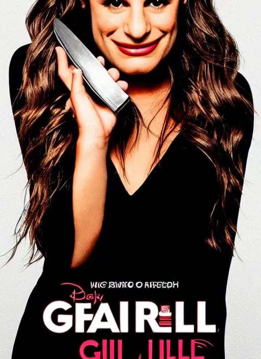 Image similar to glee sequel poster where rachel berry is the villain, evil bloody serial killer lea michele in rags with knife cackling maniacally, with text, dark disturbing version of glee, airing in 2 0 2 3, high quality detail, close - up of rachel's face