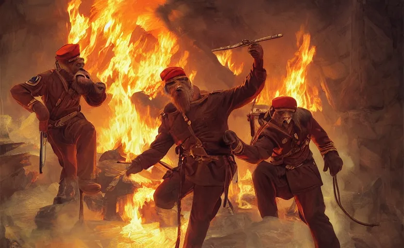 Image similar to vladimir putin as a monkey with his comrades on fire in the background photojournalism, ultra detailed, 8 k resolution, realistic painting, symmetrical, highly detailed, digital painting, artstation, concept art, smooth, sharp focus, illustration, cinematic lighting, art by artgerm and greg rutkowski and alphonse mucha