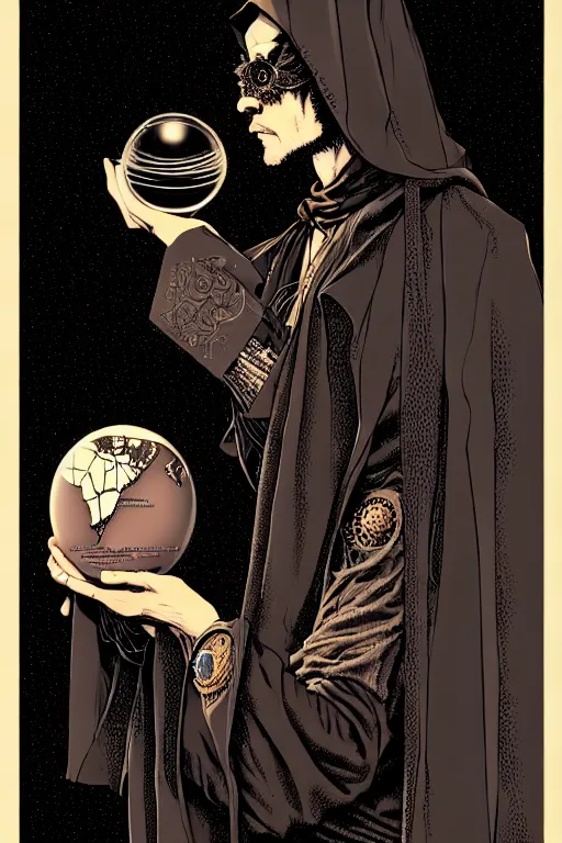 Image similar to side view of a sitting cloaked steampunk wizard holding crystal ball, high details, intricately detailed, by vincent di fate, inking, 3 color screen print, masterpiece, trending on artstation,, sharp, details, hyper - detailed, hd, 4 k, 8 k