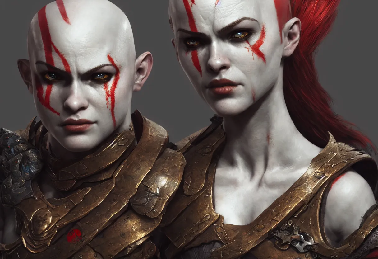Image similar to female kratos from god of war, hyper detailed, digital art, trending in artstation, cinematic lighting, studio quality, smooth render, unreal engine 5 rendered, octane rendered, art style by klimt and nixeu and ian sprigger and wlop and krenz cushart