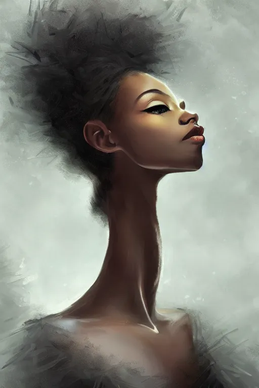 Image similar to black prima ballerina, gorgeous, ethereal, intricate, elegant, volumetric lighting, nature scenery, digital painting, highly detailed, artstation, sharp focus, illustration, concept art, clive barker