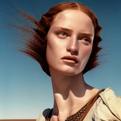 Image similar to photographic portrait of a stunningly beautiful middle ages renaissance female in strong sunshine on a salt flat, contemporary fashion shoot, by edward robert hughes, annie leibovitz and steve mccurry, david lazar, jimmy nelsson, breathtaking, 8 k resolution, extremely detailed, beautiful, establishing shot, artistic, hyperrealistic, beautiful face, octane render