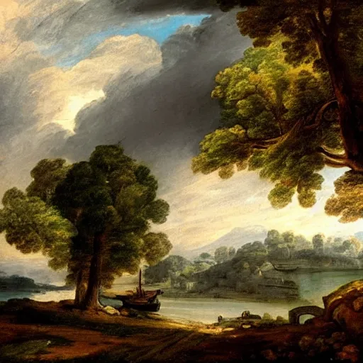 Prompt: landscape painting by nicholas pussin, thomas gainsborough, claude lorrain, dramatic, cinematic, picturesque, beautiful, grandiose, serene