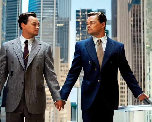 Prompt: leonardo dicaprio as the wolf of wall street holding hands with margot robbie, cinamtic, hyper detailed, 8 5 mm photograph, 8 k resolution, film still, sharp lens, wide lens