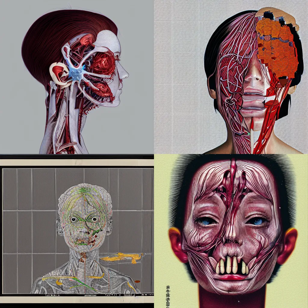 Prompt: kodak portra, 8 k, shintaro kago, portrait of woman with head splitting open showing exploded view of anatomy
