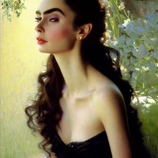 Image similar to detailed portrait of lilly collins in black clothes, spring light, painting by gaston bussiere, craig mullins, j. c. leyendecker