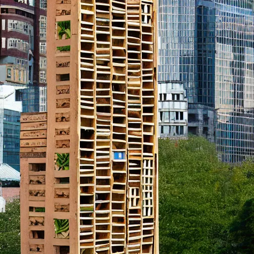 Prompt: insect hotel combined with modern buildings, cityscape, photograph