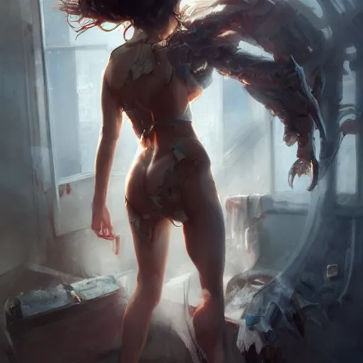 Image similar to awoke to crunch of metal, sweet smells, by wlop, artgerm, greg rutkowski