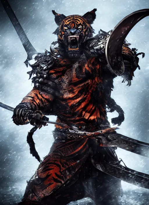 Image similar to fullbody, dark, evil villan character, very hostile very angry realistic detailed semirealism tiger man wearing samurai armor. fire Tiger_character, tiger_beast, 獣, FFXIV, iconic character splash art, angry character wielding a sword, blade, katana, blurred background, muscular scary brute, MMOrpg, dramatic cinematic Detailed fur, tank type character, detailed metal textures, 4K high resolution quality artstyle professional artists WLOP, Aztodio, Taejune Kim, Guweiz, Pixiv, Instagram, Artstation