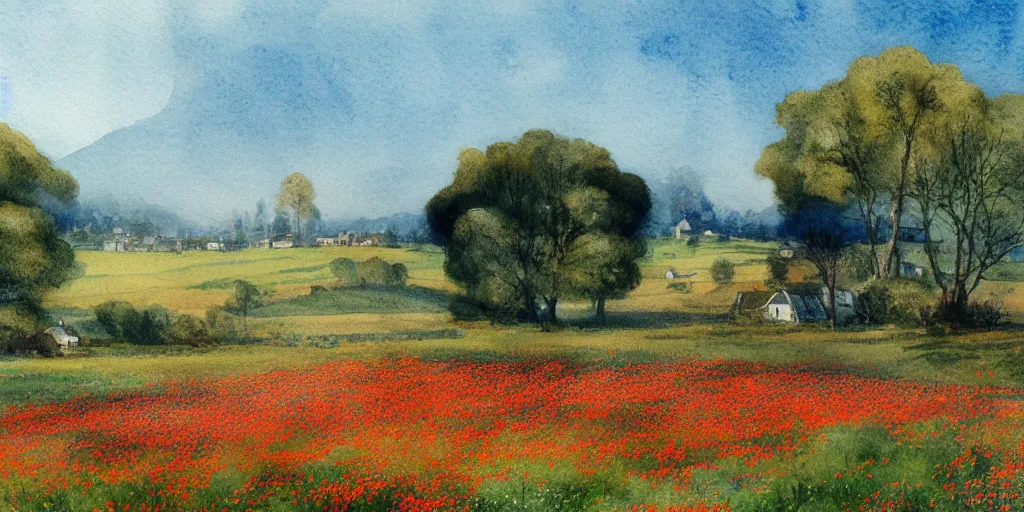 Prompt: a hiper intricate watercolor of a beatifull serene field with some trees and poppys little village in the background, extremely detailed, sharp focus, wide view, smooth, digital illustration, colorfull, by william turner art, by greg rutowski, by carl larson, by edmund dulac