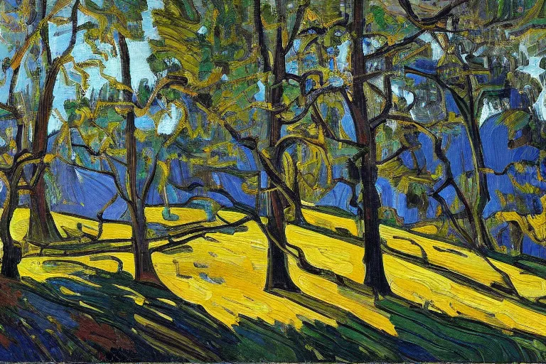 Image similar to masterpiece painting of oak trees on a hillside overlooking a creek, dramatic lighting, by tom thomson