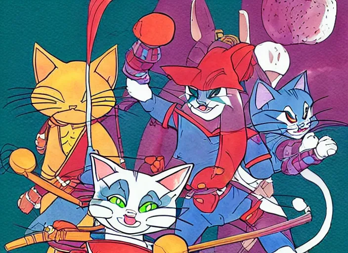 Image similar to samurai pizza cats, ink and watercolor illustration masterpiece, perfectly realistic yet surreal, by ryan ottley and mœbius