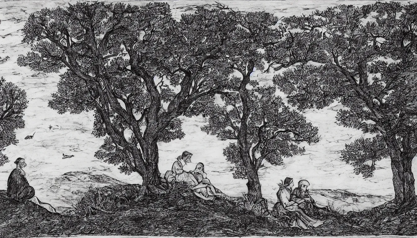 Image similar to a couple sits together on a large hill while wind blows the trees, pen and ink, 1 5 0 0 s, 8 k resolution