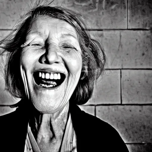 Image similar to scary old lady laughing in an abandoned prison, security camera, black and white, real