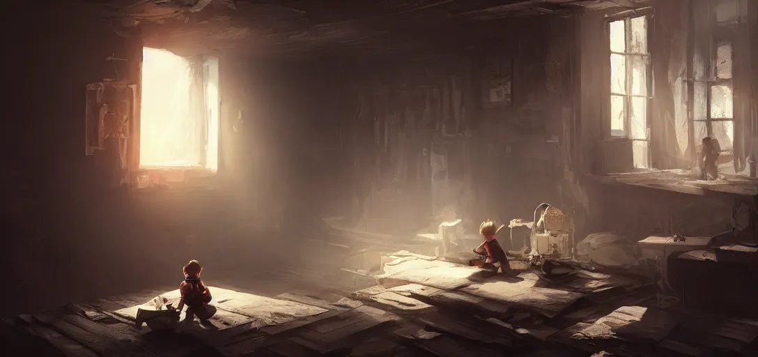 Prompt: a kid sitting in an old attic in front of a magic Image, dramatic lighting, cinematic, establishing shot, extremly high detail, photo realistic, cinematic lighting, post processed, concept art, artstation, matte painting, style by eddie mendoza, raphael lacoste, alex ross