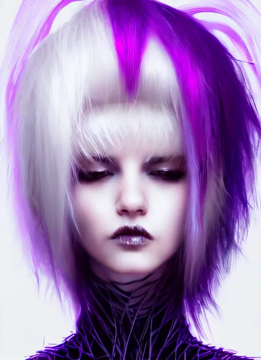 Image similar to hair whitebangs hair, black cyberlox, portrait of normal teenage girl, white bangs, messy bangs, fluffy bangs, cyberlox, whitebangs, red irises, purple background, intricate, elegant, highly detailed, digital painting, artstation, concept art, sharp focus, smooth, illustration, art by wlop, mars ravelo and greg rutkowski