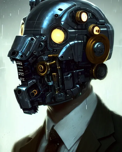 Image similar to a rugged young engineer man with cybernetic enhancements wearing a suit and bowtie, detailed face with mask, scifi character portrait by greg rutkowski, esuthio, craig mullins, 1 / 4 headshot, cinematic lighting, dystopian scifi gear, gloomy, profile picture, mechanical, half robot, implants, steampunk