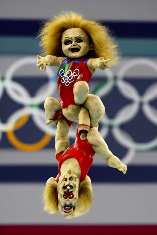 Image similar to screaming chucky doll performing a perfect 1 0 dive at olympics
