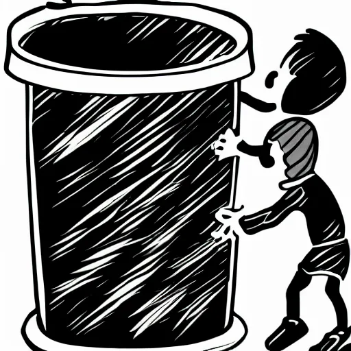 Image similar to baby getting tossed in a trash can, 2d, black on white