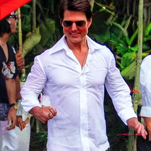 Prompt: tom cruise wearing traditional Bali dress