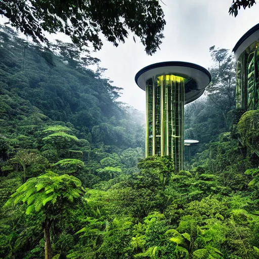 Image similar to extreme wide shot a futuristic containment building in a rainforest valley with a city in the distance, national geographic, hyper realistic, 4 k, harsh light