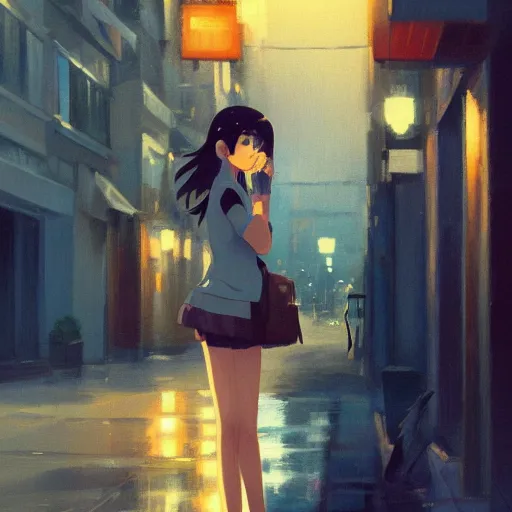 Image similar to a girl smoking, beautiful face, street at night, long hairfine art painting by makoto shinkai, featured on pixiv, hd