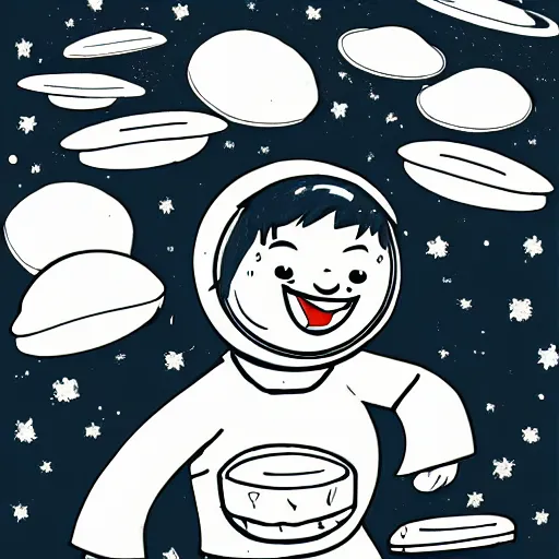 Prompt: an old comic book style drawing of a little boy flying through space eating pizza and cheese, where the planets are candy, hd, trending on artstation