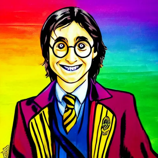 Image similar to rainbow excited smiling harry potter. pop art