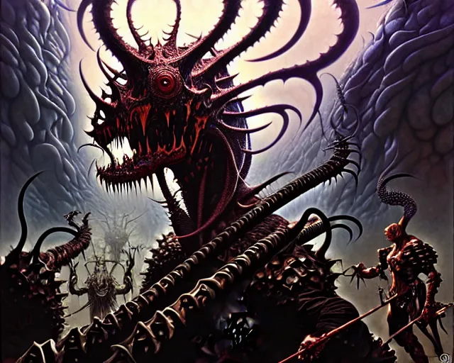 Image similar to the army of darkness and demons, fantasy character portrait made of fractals facing each other, ultra realistic, wide angle, intricate details, the fifth element artifacts, highly detailed by peter mohrbacher, hajime sorayama, wayne barlowe, boris vallejo, aaron horkey, gaston bussiere, craig mullins