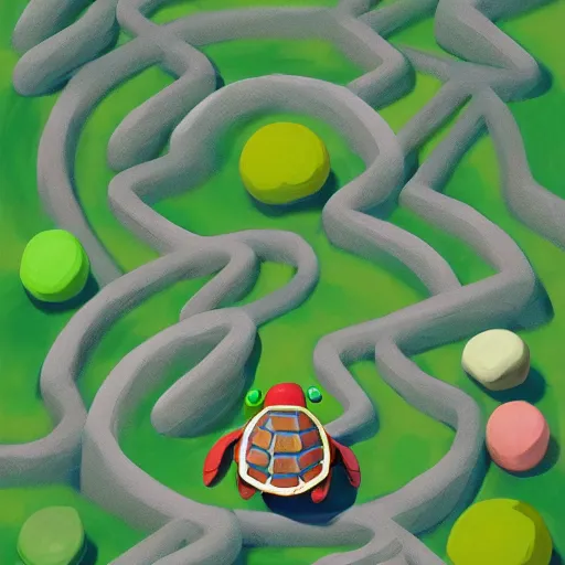 Image similar to Goro Fujita ilustration aerial view of a turtle walking through a maze of round colored stones, painting by Goro Fujita, sharp focus, highly detailed, ArtStation