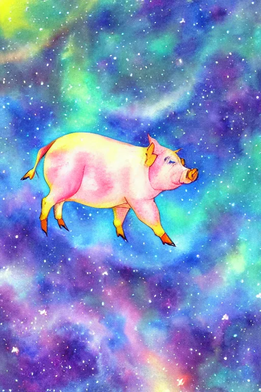 Prompt: a blissful pig flying through a beautiful nebula, water color