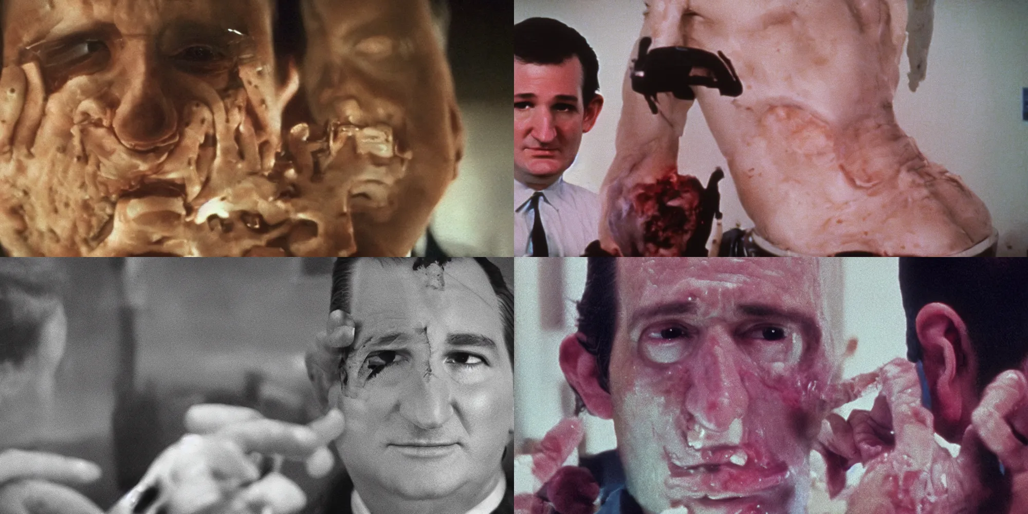 Prompt: ted cruz body horror directed by david cronenberg, cybernetics, bloated flesh, cinestill 8 0 0 t, 1 9 8 0 s movie still, film grain