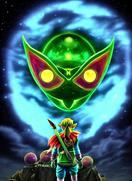 Prompt: majora\'s mask evil moon looking at link maniacally, night sky, starry night, legend of zelda, dramatic lighting, cinematic, film, dynamic pose,  movie scene, colorful, dark, concept, 8K, actor as role, octane render, visionary, artstation,neon lighting, intense shadows, legend of zelda link staring at the moon, insanely detailed octane render, 8k film photography, photorealistic,