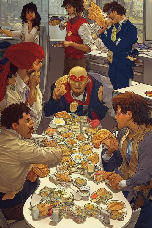 Image similar to a group of software engineers eat chicken sandwiches at their desks, by artgerm and moebius and alphonse mucha, hyperdetailed, dc comics, explosions in the sky, trending on deviantart