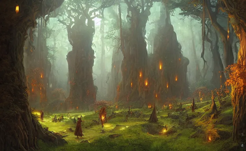 Prompt: magic forest with mage elves, matte painting by christophe vacher and marc simonetti.