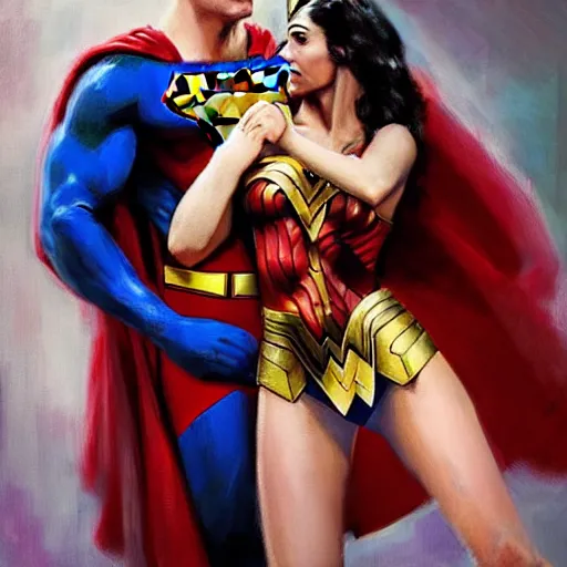 Prompt: close up of superman and wonder woman in latex, cinematographic shot, by daniel f. gerhartz