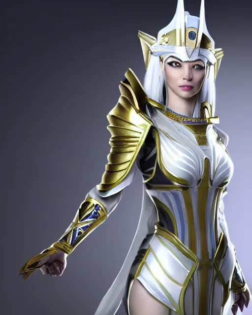 Image similar to perfect white haired attractive egyptian goddess, warframe armor, pharaoh headdress, beautiful, symmetric, dreamy, half asian, pretty face, green eyes, charlize theron, detailed, scifi platform, laboratory, experiment, 4 k, ultra realistic, epic lighting, android body, illuminated, cinematic, masterpiece, art by akihito tsukushi, voidstar