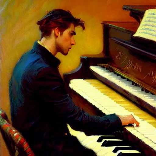 Prompt: attractive man playing piano, painting by gaston bussiere, craig mullins, j. c. leyendecker, yoji shinkawa